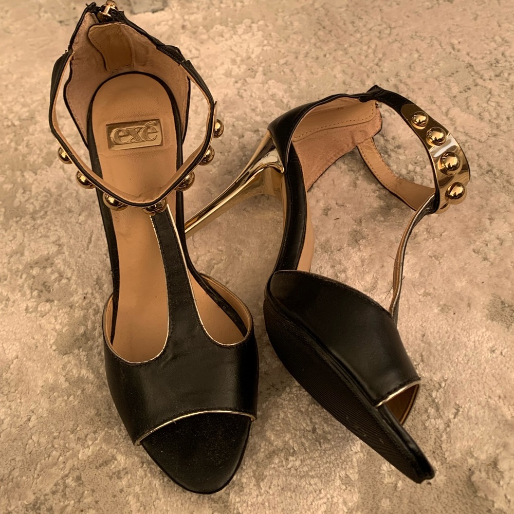 Exe Black & Gold open toe T-strap heels
